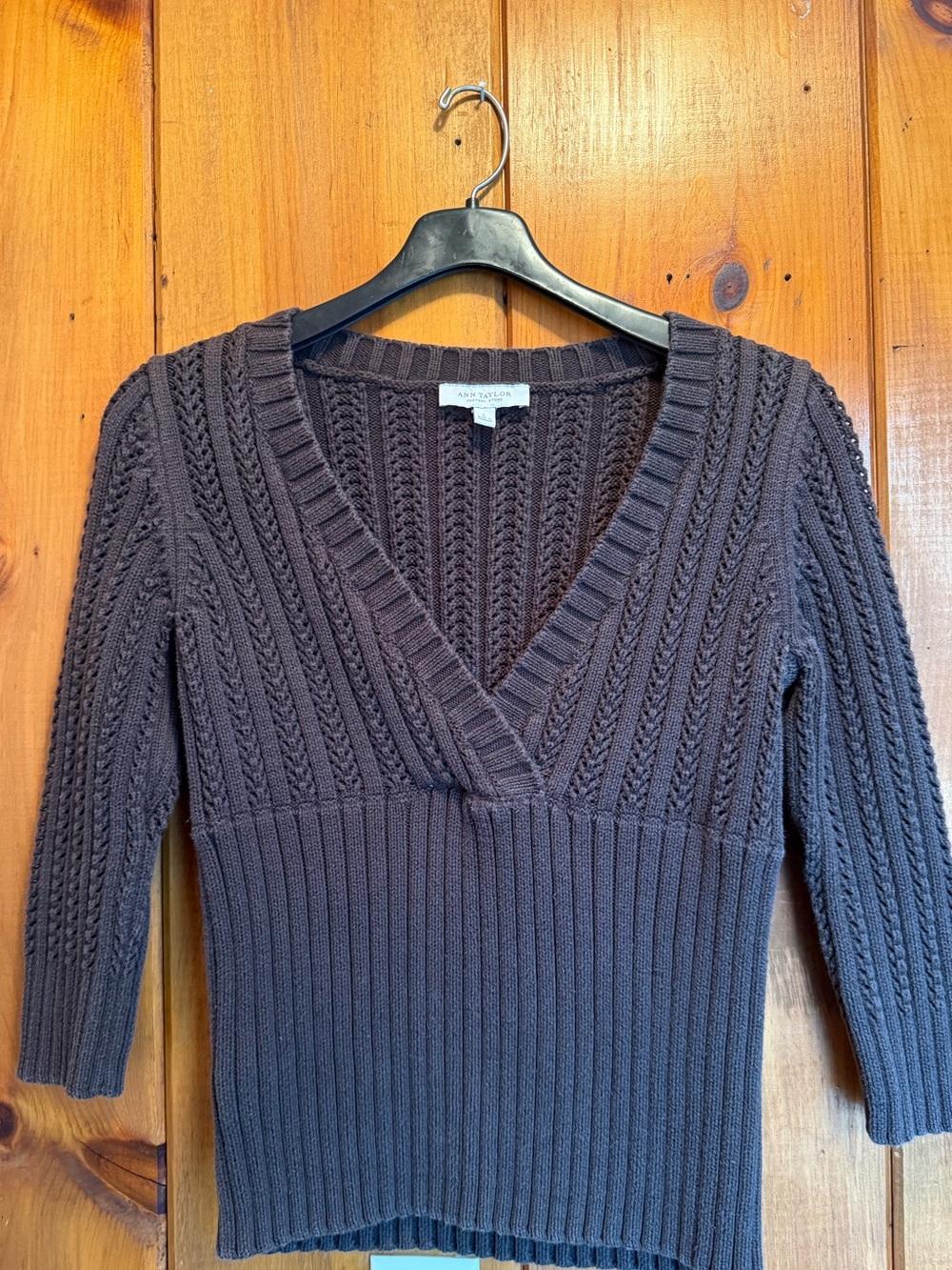 Ann Taylor Dark Brown V-Neck Cable Knit Sweater